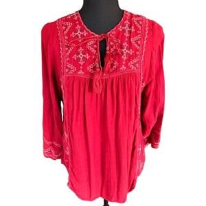 Knox Rose Red Embroidered Boho Peasant Top Size Small cottagecore